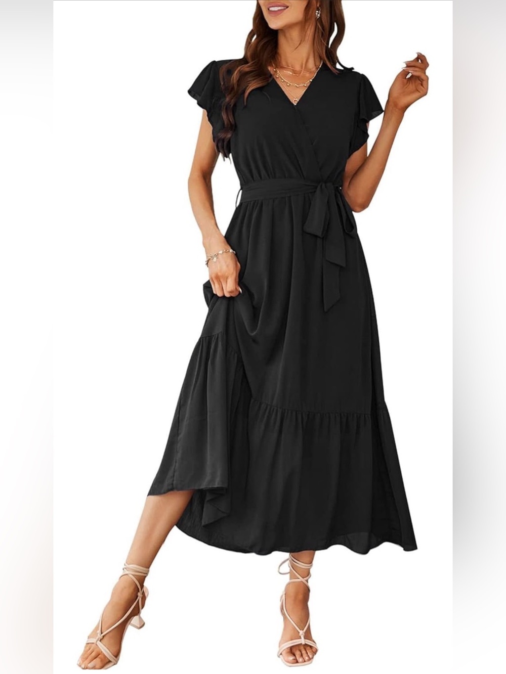 PRETTYGARDEN Women's  Maxi Dress Short Sleeve Wrap V Neck Ruffle Long Flowy XL